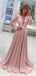 A-line Deep V-neck Long Sleeves Long Lace Pink Chiffon Prom Dresses, PD0771