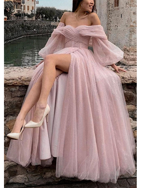 Dusty Pink Long Sleeves Off the Shoulder Tulle Prom Dress with Side Slit, OL643