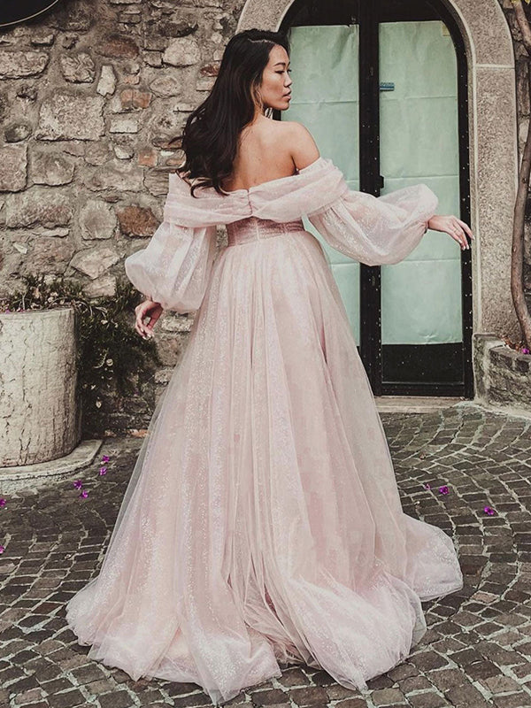 Dusty Pink Long Sleeves Off the Shoulder Tulle Prom Dress with Side Slit, OL643