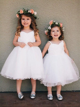 Spaghetti Straps Lovely Sleeveless White Tulle Flower Girl Dresses, FG0153