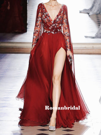 A-line V-neck Long Sleeves Appliques Long Prom Dresses With Split, PD0795