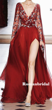 A-line V-neck Long Sleeves Appliques Long Prom Dresses With Split, PD0795