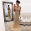 Champagne Mermaid Zipper-Back Crystals Gorgeous Halter Sleeveless  Long Prom Dress, PD0500