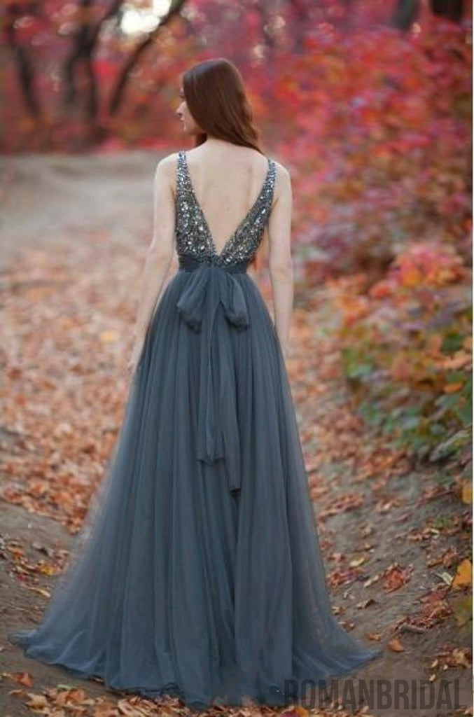 A Line Gray Tulle Two Piece Prom Dresses, Beading Sleeveless Floor Length prom dresses , PD0504