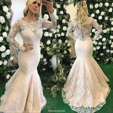 Newest Elegant Full Lace Mermaid Scoop Neck Long sleeves Wedding Dresses with train, WD0347