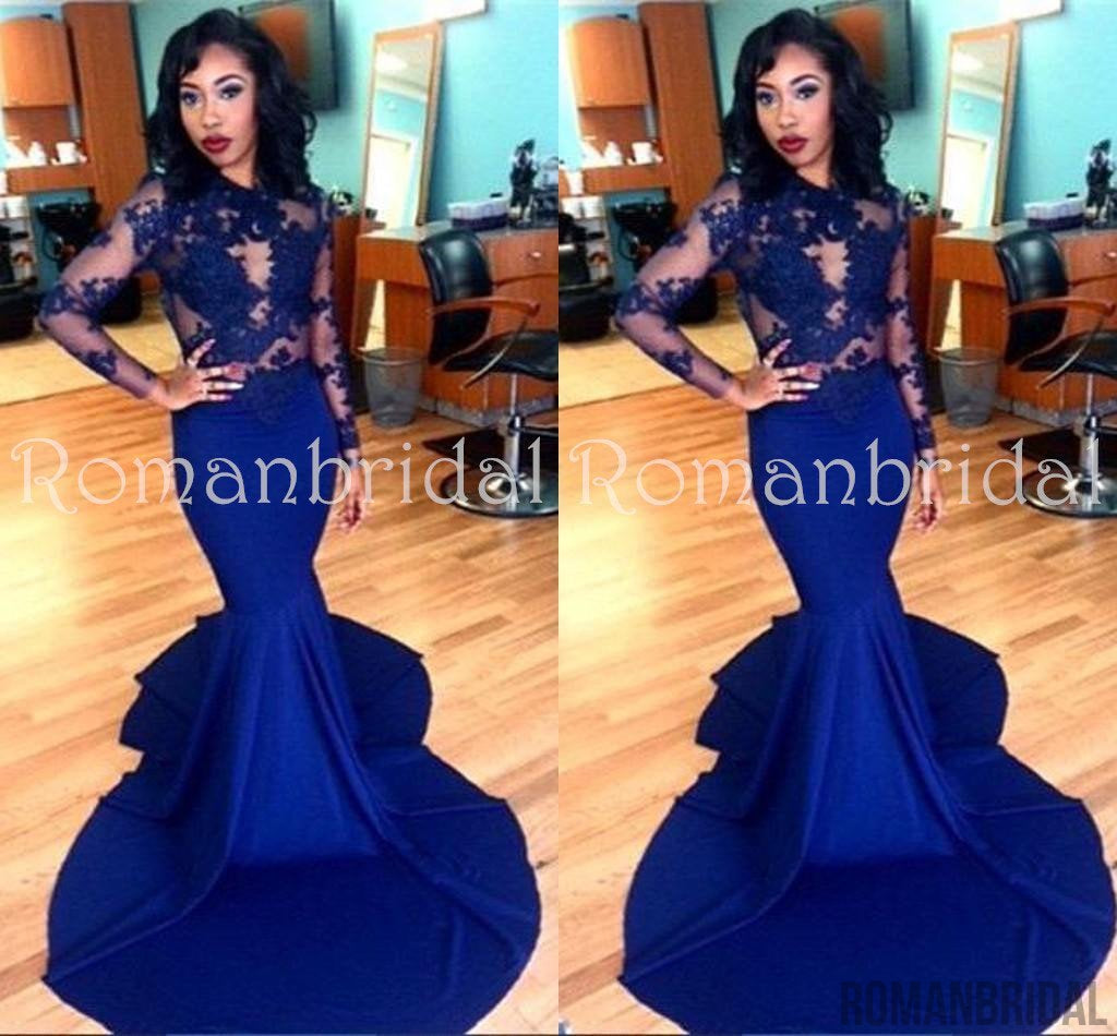Royal Blue Long Sleeve Mermaid Evening Gown Sexy Court Train Lace Party Dress, PD0475