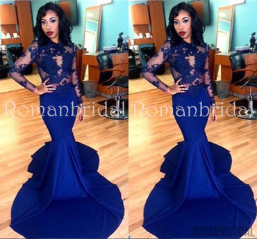 Royal Blue Long Sleeve Mermaid Evening Gown Sexy Court Train Lace Party Dress, PD0475