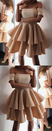 Newest Simple A-line Off-shoulder Short Sleeves Homecoming Dresses With Ruffles, HD0419