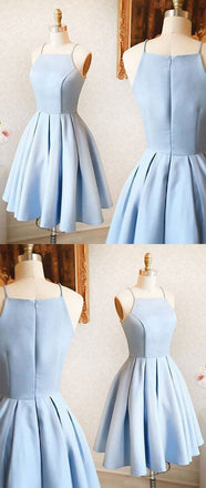 Sexy Spaghetti Straps Light Blue Party Dresses, Simple Cheap Homecoming Dresses, HD0355
