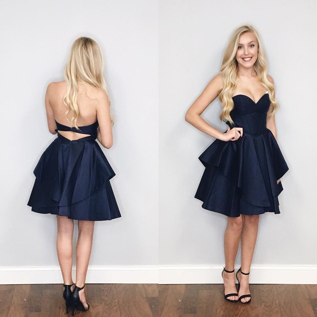 Popular A-line Sweetheart Navy Blue Backless Sleeveless Homecoming Dresses, HD0422