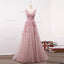 Pink V-neck lace tulle long prom dress, pink evening dress, Popular Cheap Long  prom dresses, PD0495