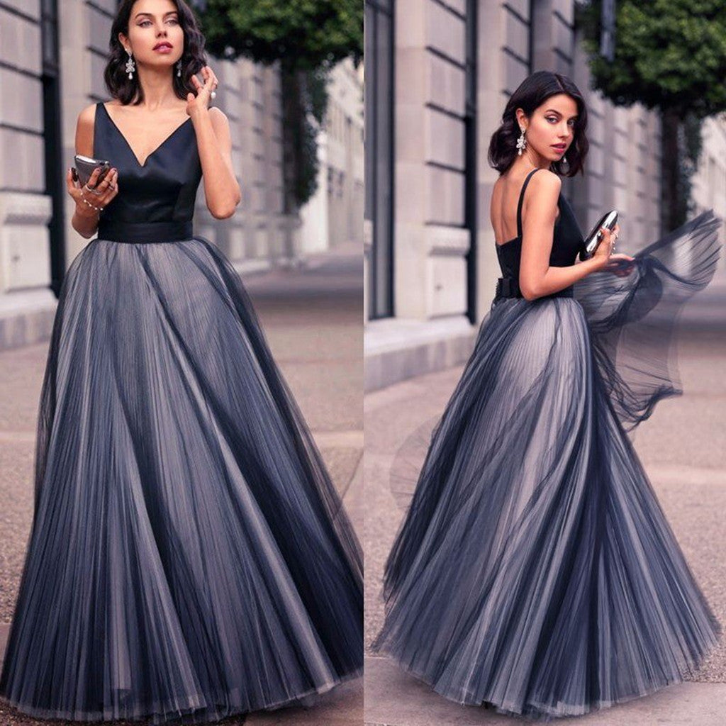 A-line V-neck Sleeveless Long Tulle Cheap Prom Dress, PD0628