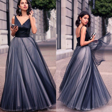 A-line V-neck Sleeveless Long Tulle Cheap Prom Dress, PD0628