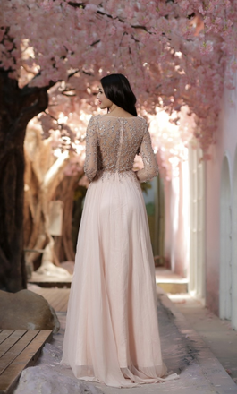 Round Neck Long Sleeves Beading Long Chiffon Prom Dresses, PD0663