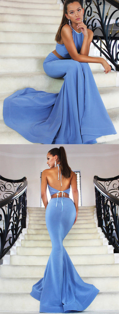 Mermaid Two-pieces Halter Sexy Backless Blue Prom Dresses, PD0659
