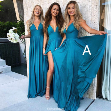 Sexy Spaghetti Straps Deep V-neck High Split Long Popular Bridesmaid Dresses, BD0468