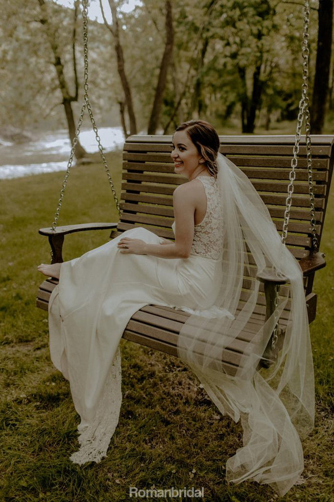 Round Neck Sleeveless Lace Back Wedding Dresses With Train, WD0441