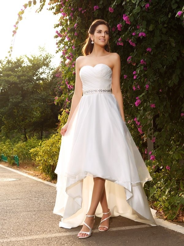Sweetheart Beading Sleeveless Short front Long Behind Organza Cheap Wedding Dress, WD0374