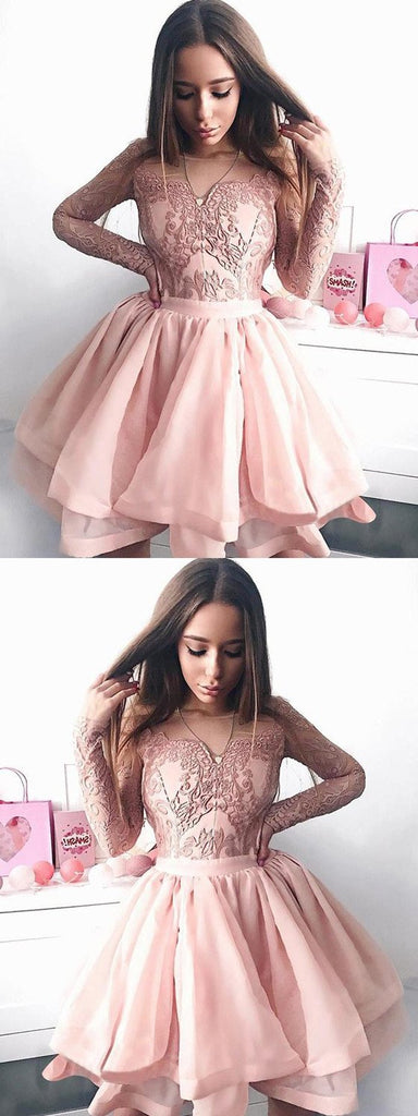Popular V-neck Pink Lace appliques Long Sleeves Short Homecoming Dresses, HD0446