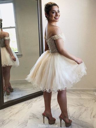 Newest Off-shoulder Lace Appliques Tulle Skirt Short Homecoming Dresses, HD0487