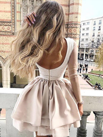 Newest Lace Appliques Top Long Sleeves Backless Homecoming Dresses, HD0451