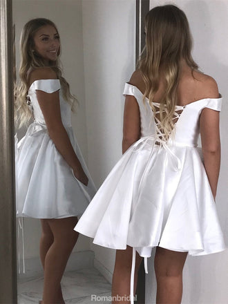 Newest Off-shoulder White Lace Up back Simple Cheap Homecoming Dresses, HD0442