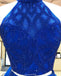New Arrival Two Pieces Halter Blue Beading Backless Homecoming Dresses, HD0466