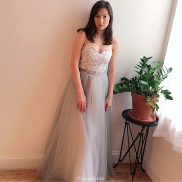 Floor-length Sweetheart Gray Lace Top Strapless Tulle skirt Wedding Dress, WD0382