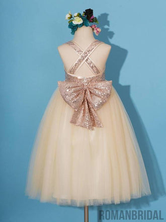 Rose gold sequins dress, pageant dress, rose gold flower girl dress, champagne tulle Flower girl dresses, FG0114