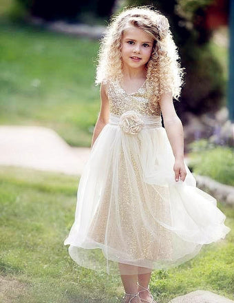 Ivory gold flower girl dress, Rustic sequin Flower girl dress, Country flower girl dresses, FG0115