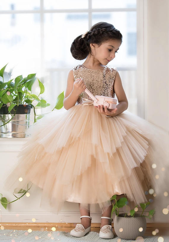 Sequin Top Rose gold Flower Girl Dress, Champagne and Ivory tutu flowe RomanBridal Sequin Top Rose gold Flower Girl Dress, Champagne and Ivory tutu flowe RomanBridal