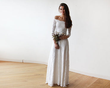 Off-shoulder A-ling Floor-length Full Lace Long sleeves Beach Wedding Dress, WD0383