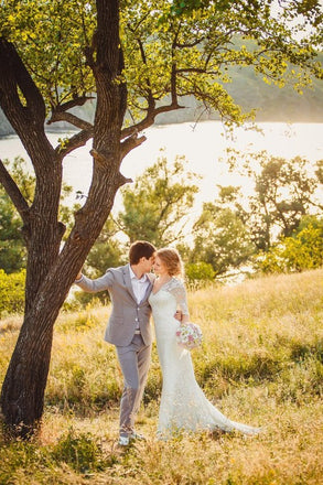 Mermaid V-neck 3/4 sleeves Open-back Country style Wedding Dress With Train, WD0384