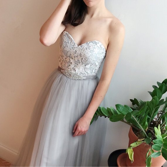 Floor-length Sweetheart Gray Lace Top Strapless Tulle skirt Wedding Dress, WD0382