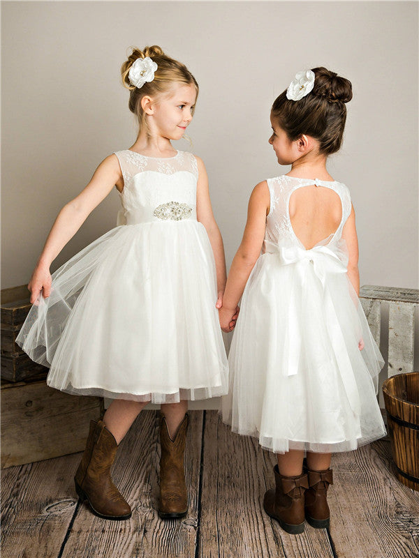 A-line Round Neck Lace Top Open-back Flower Girl Dresses, FG0154