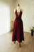 Halter Sleeveless Lace Up Back Burgundy Bridesmaid Dress With Belt, BD0541