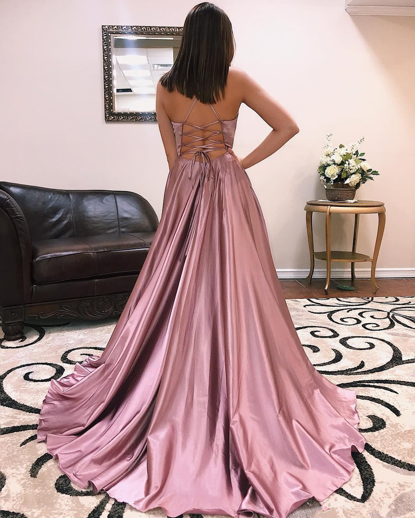 A-Line V-neck Lace-up Back Prom Dresses With Front Split, PD0688