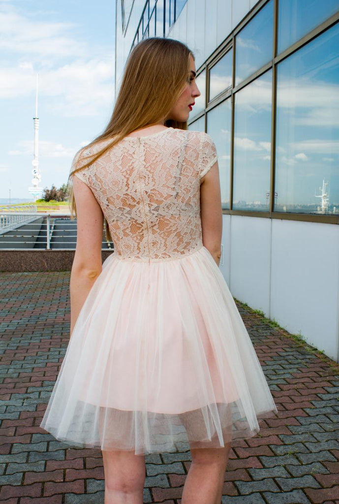 A-line Round Neck Cap Sleeves Lace Tulle Homecoming Dresses, HD0512