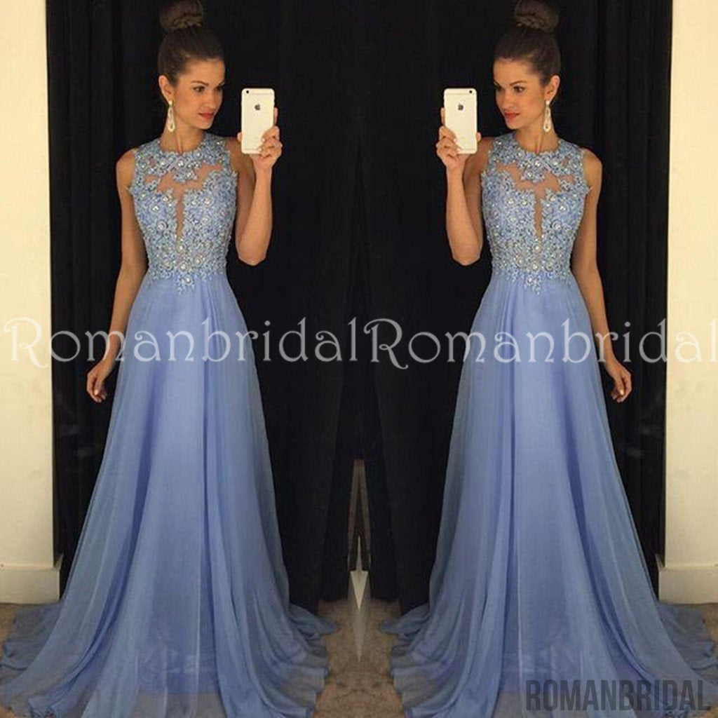 Lace Applique Beads Crystal Formal Long Bridesmaid Dresses A Line Crew Neck Zip Back Chiffon Party Evening Gowns, Long Prom Dresses, PD0464
