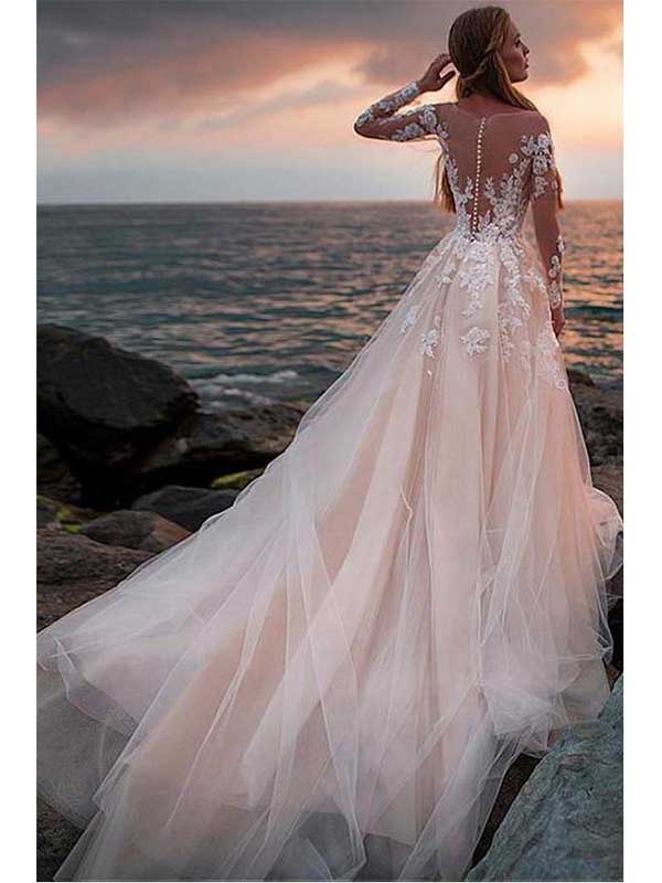 Light Champagne Tulle With Illusion Lace Long Sleeves Wedding Dress, W RomanBridal Light Champagne Tulle With Illusion Lace Long Sleeves Wedding Dress, W RomanBridal