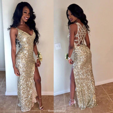 New Arrival Floor-length Spaghetti Strap Sexy V-neck sequins high split prom dresses,  PD0535