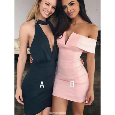 Hot Selling Black/Pink Sexy Off-shoulder  V-neck Short Mini Homecoming Dresses, HD0383