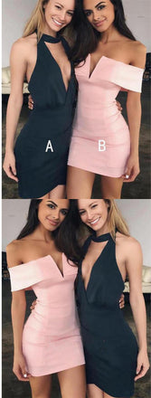 Hot Selling Black/Pink Sexy Off-shoulder  V-neck Short Mini Homecoming Dresses, HD0383