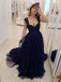 A-line Sweetheart Long Navy Blue Tulle And Beading Prom Dresses, PD0772