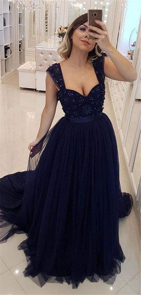 A-line Sweetheart Long Navy Blue Tulle And Beading Prom Dresses, PD0772