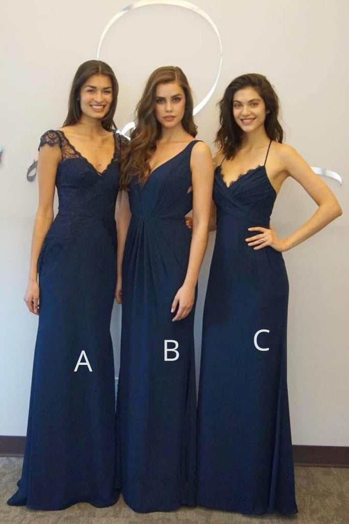 Elegant A-line Floor-length Navy blue Chiffon V-neck  Bridesmaid Dresses, BD0495
