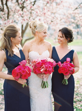 Sheath V-neck Floor-length Navy Blue Simple Bridesmaid Dresses, BD0570