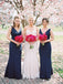 Sheath V-neck Floor-length Navy Blue Simple Bridesmaid Dresses, BD0570