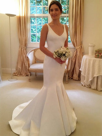 Newest Mermaid V-neck Simple Backless Wedding Dresses With Train, WD0405