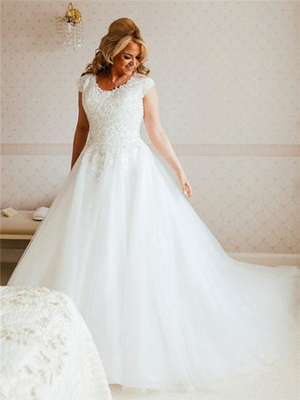 A-line Round Neck Cap Sleeves Lace Top Tulle Wedding Dresses, WD0447
